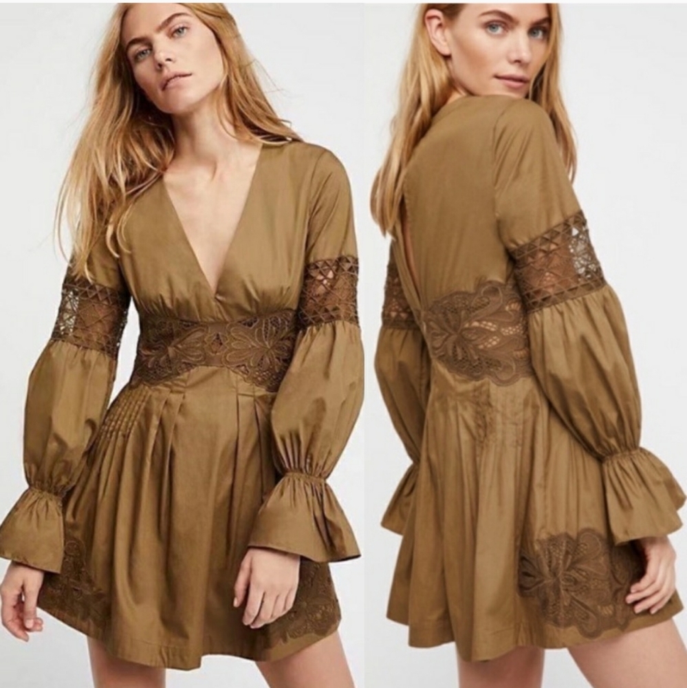 Free People Lindsey Mini Dress long sleeve V neck